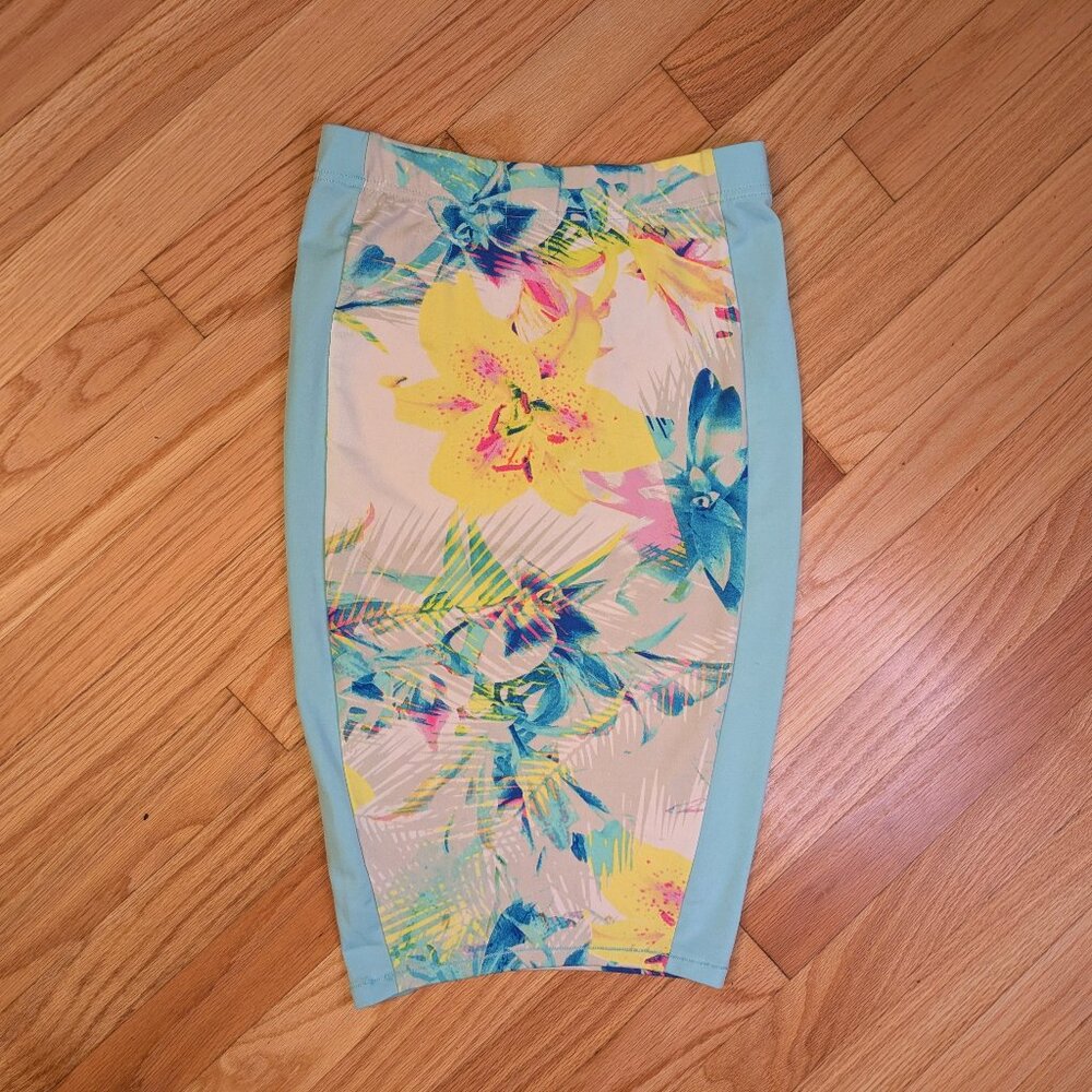 nicki minaj XS pencil skirt y2k neon floral print teal yellow barbiecore tropica